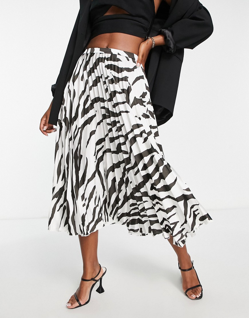 ASOS DESIGN satin pleated midi skirt in mono zebra print-Multi