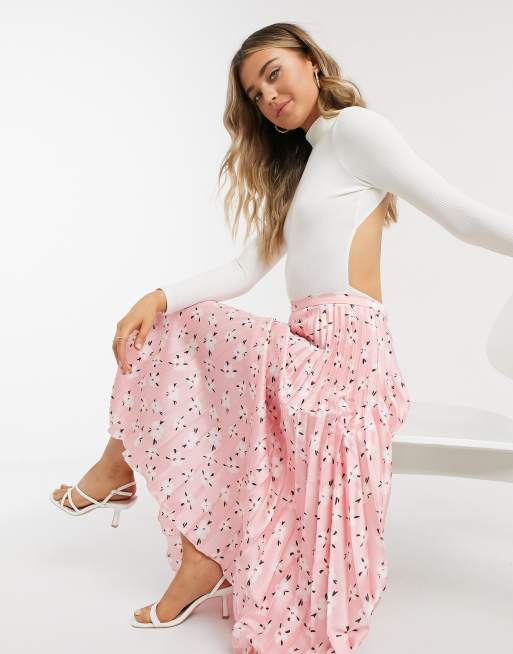 ASOS DESIGN satin pleated midi skirt in pink floral print