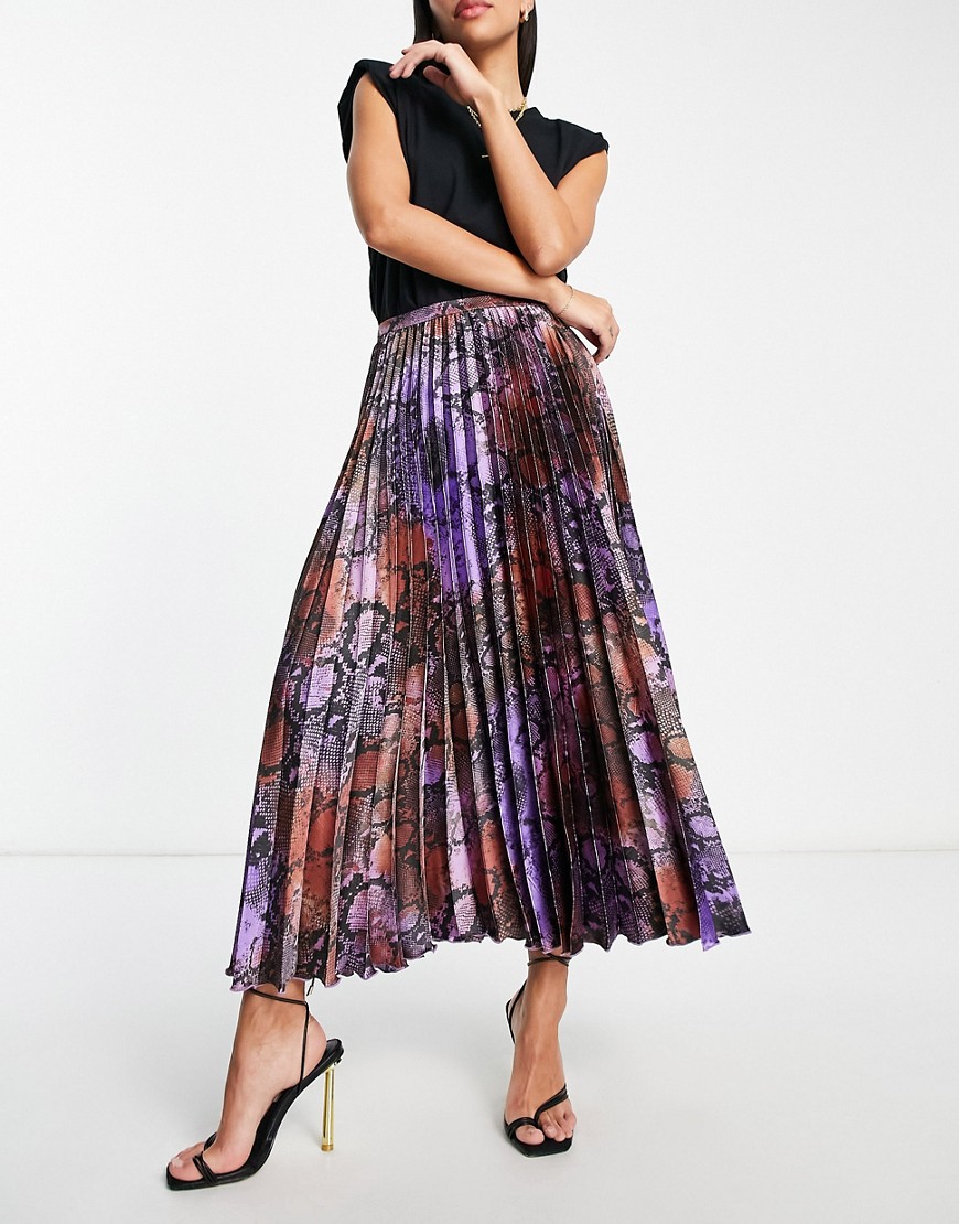 ASOS DESIGN satin pleated midi skirt in purple snake print-Multi