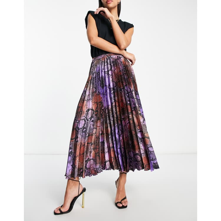 ASOS DESIGN satin pleated midi skirt in purple snake print ASOS