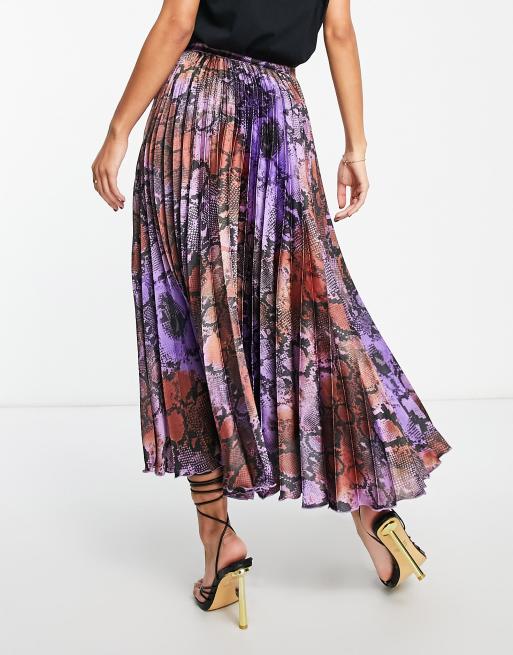 ASOS DESIGN satin pleated midi skirt in purple snake print ASOS