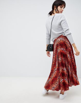red animal print pleated skirt