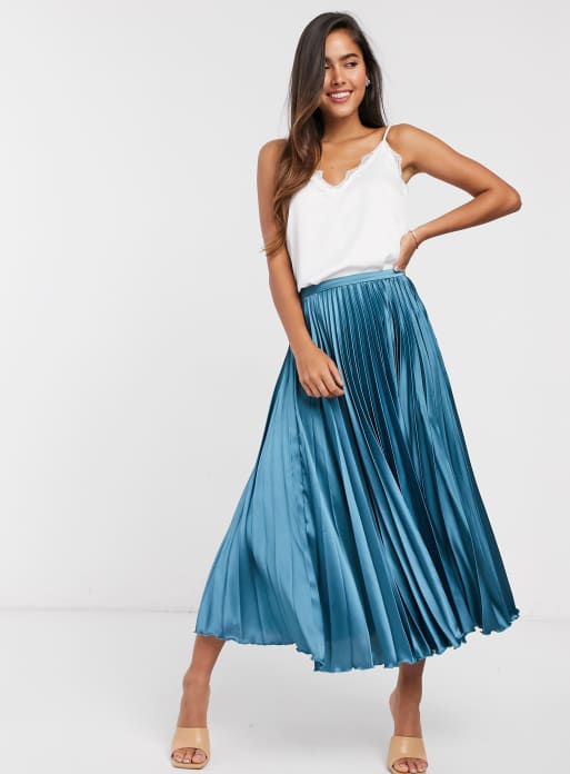 ASOS DESIGN satin pleated midi skirt in teal | ASOS