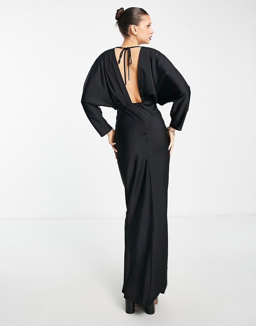 ASOS DESIGN satin pleated plunge maxi dress with open back in black
