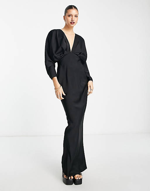 ASOS DESIGN satin pleated plunge maxi dress with open back in black
