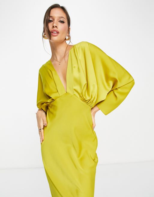 ASOS DESIGN satin pleated plunge maxi dress with open back in gold