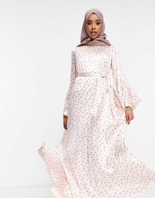 ASOS DESIGN satin pleated trapeze maxi dress with pleated sleeves in spot print