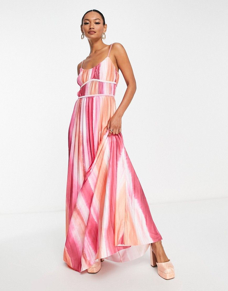 ASOS DESIGN satin plisse maxi dress in pink tie dye print-Multi