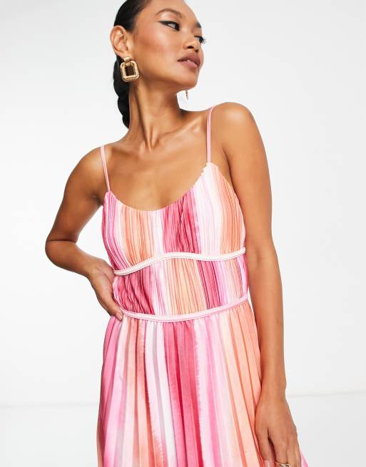 ASOS DESIGN satin plisse maxi dress in pink tie dye print