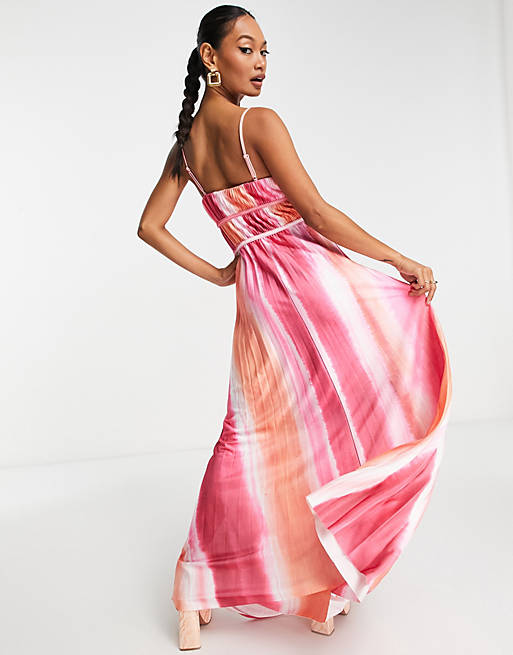 ASOS DESIGN satin plisse maxi dress in pink tie dye print