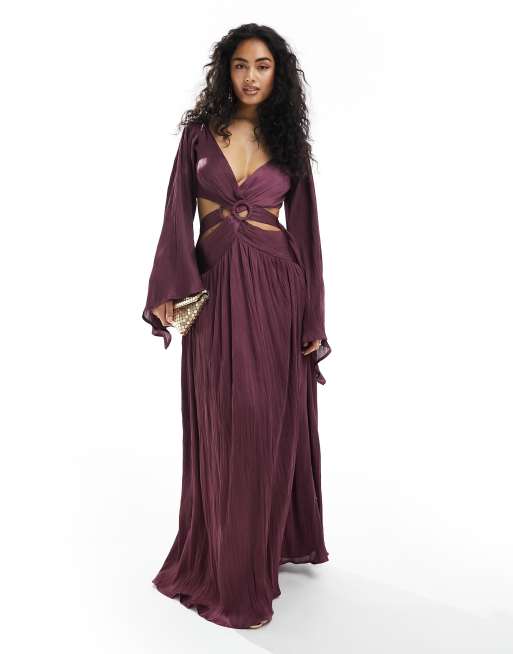 ASOS DESIGN satin plisse ring waist detail maxi dress with kimono sleeve in purple ASOS