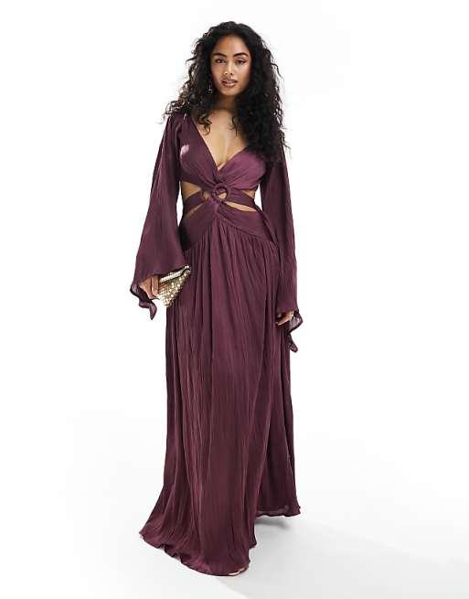 Purple Flared Sleeves Rose Belt Bodycon Dress Purple Flared Sleeves Rose Belt Bodycon Dress