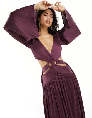 ASOS DESIGN satin plisse ring waist detail maxi dress with kimono sleeves in purple ASOS