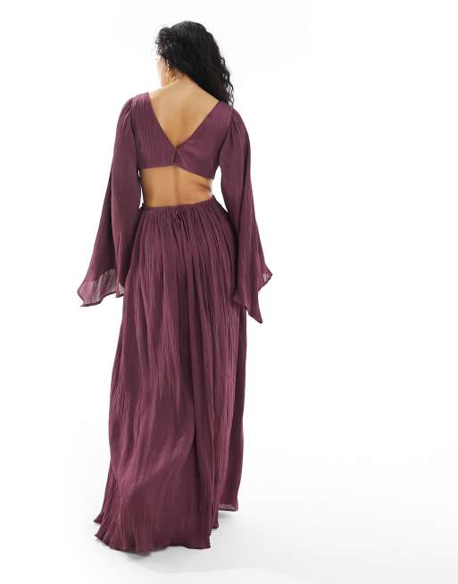 ASOS DESIGN satin plisse ring waist detail maxi dress with kimono sleeves in purple ASOS