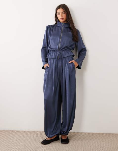 ASOS DESIGN satin plisserede balloon-bukser i indigo blå, del af sæt - view 1