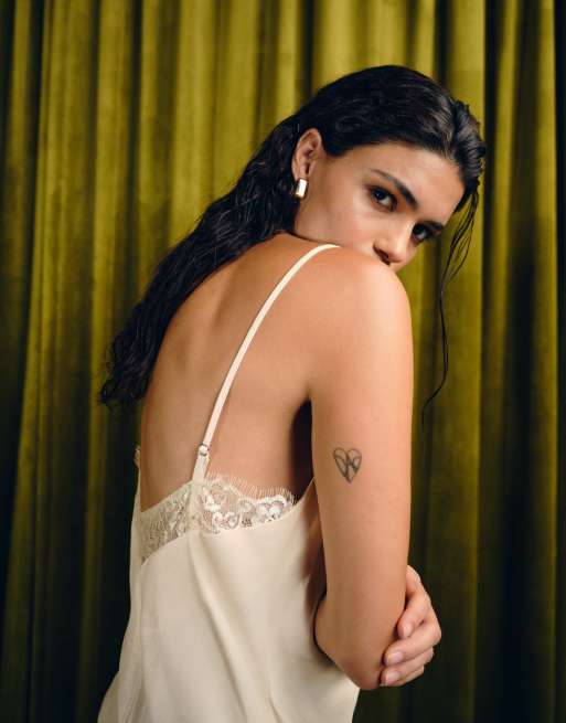 ASOS DESIGN satin plunge cami top in ecru, 4 of 4