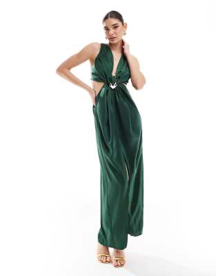 Asos Design Satin Plunge Front Maxi Dress With Buckle In Dark Green