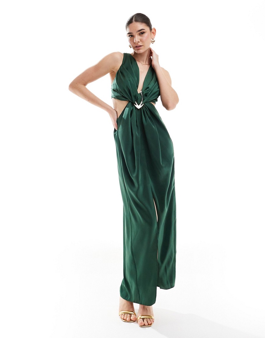 satin plunge front maxi dress with buckle in dark green