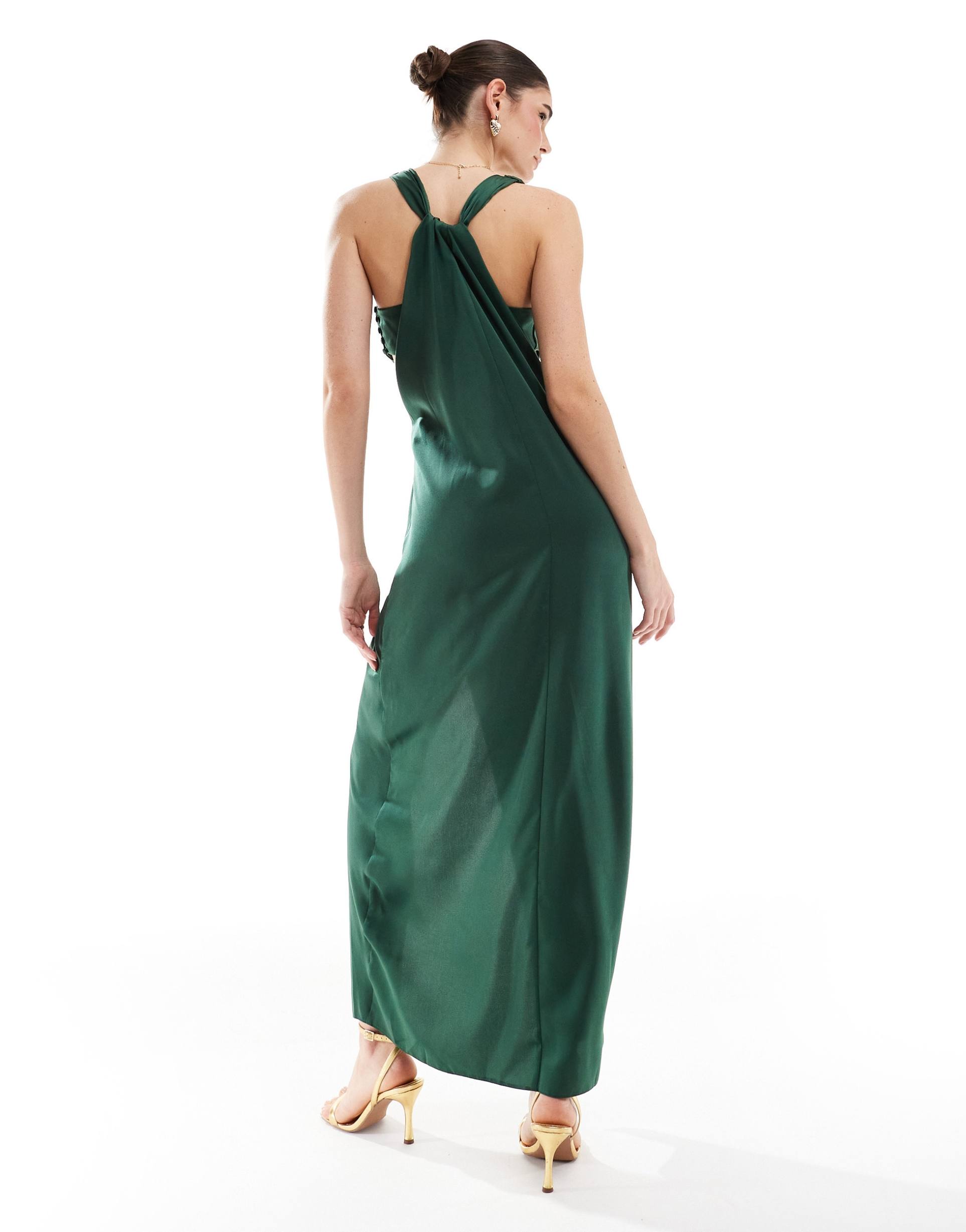 asos design satin plunge front maxi dress with buckle in dark green