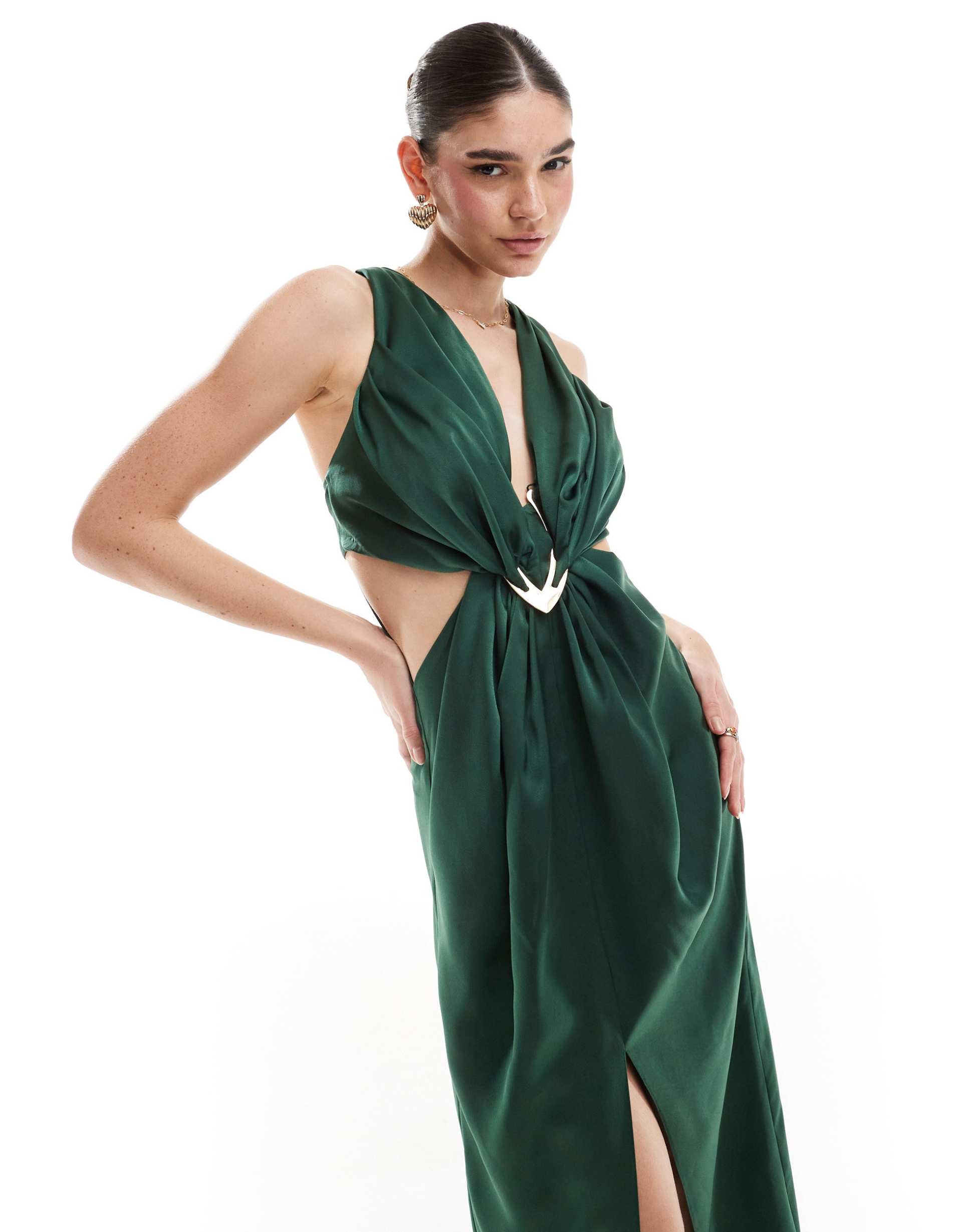asos design satin plunge front maxi dress with buckle in dark green
