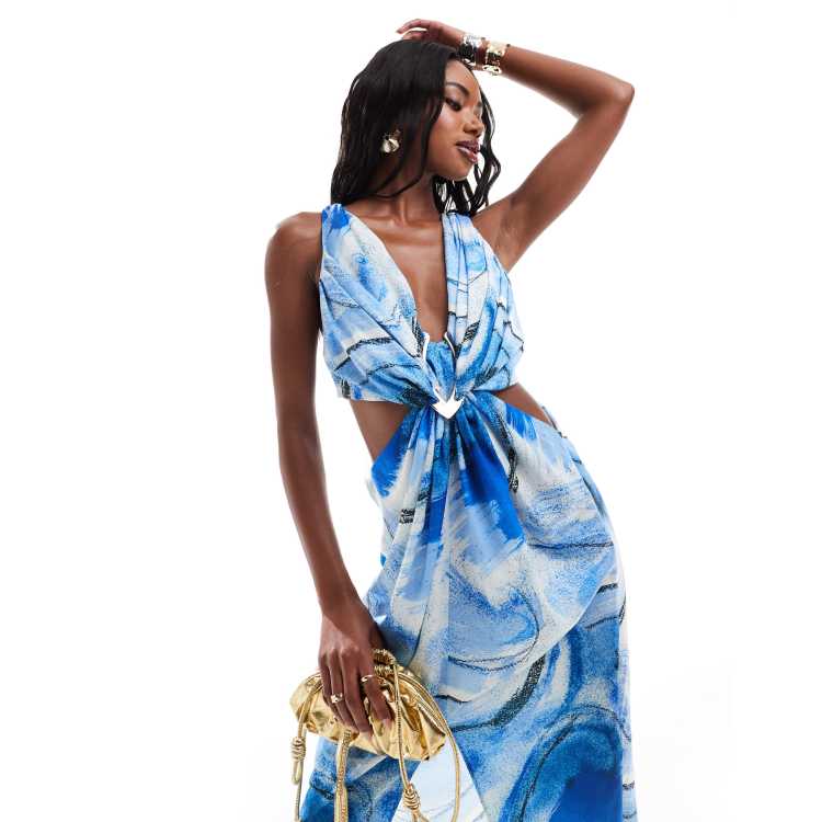 ASOS DESIGN satin plunge front maxi dress with hardware detail in blue abstract print ASOS