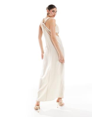 asos design satin plunge front maxi dress with hardware detail in oyster
