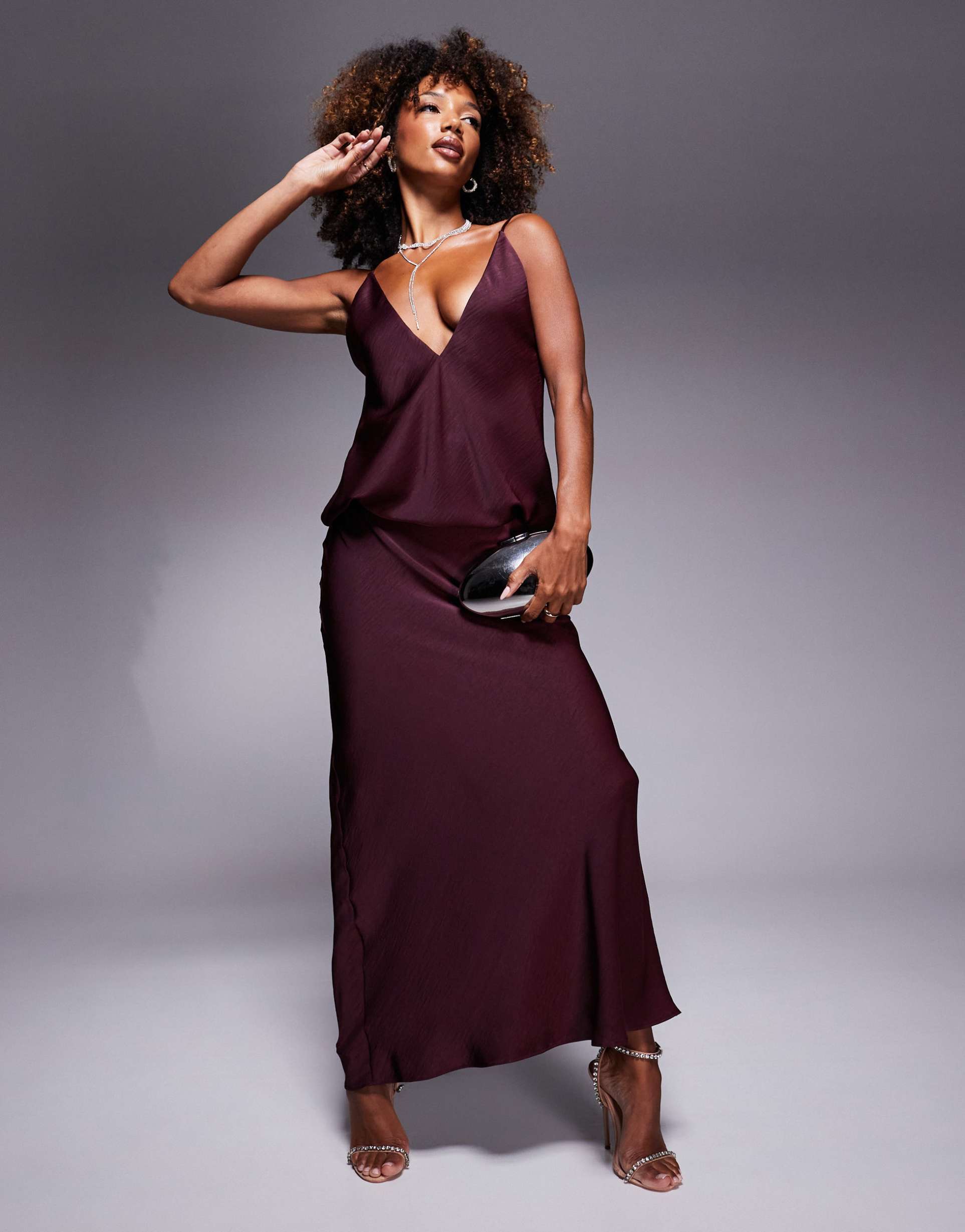 asos design satin plunge front strappy back maxi dress in burgundy