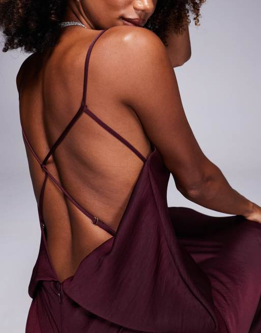 ASOS DESIGN satin plunge front strappy back maxi dress in burgundy, 3 of 4