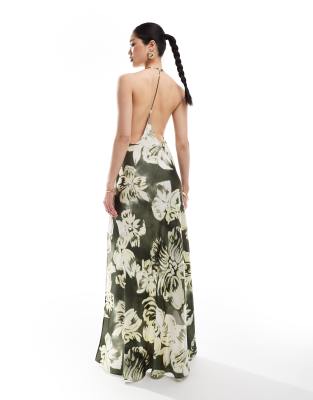 Asos Design Satin Plunge Front Strappy Back Maxi Dress With Thigh Split In Overscale Floral-multi