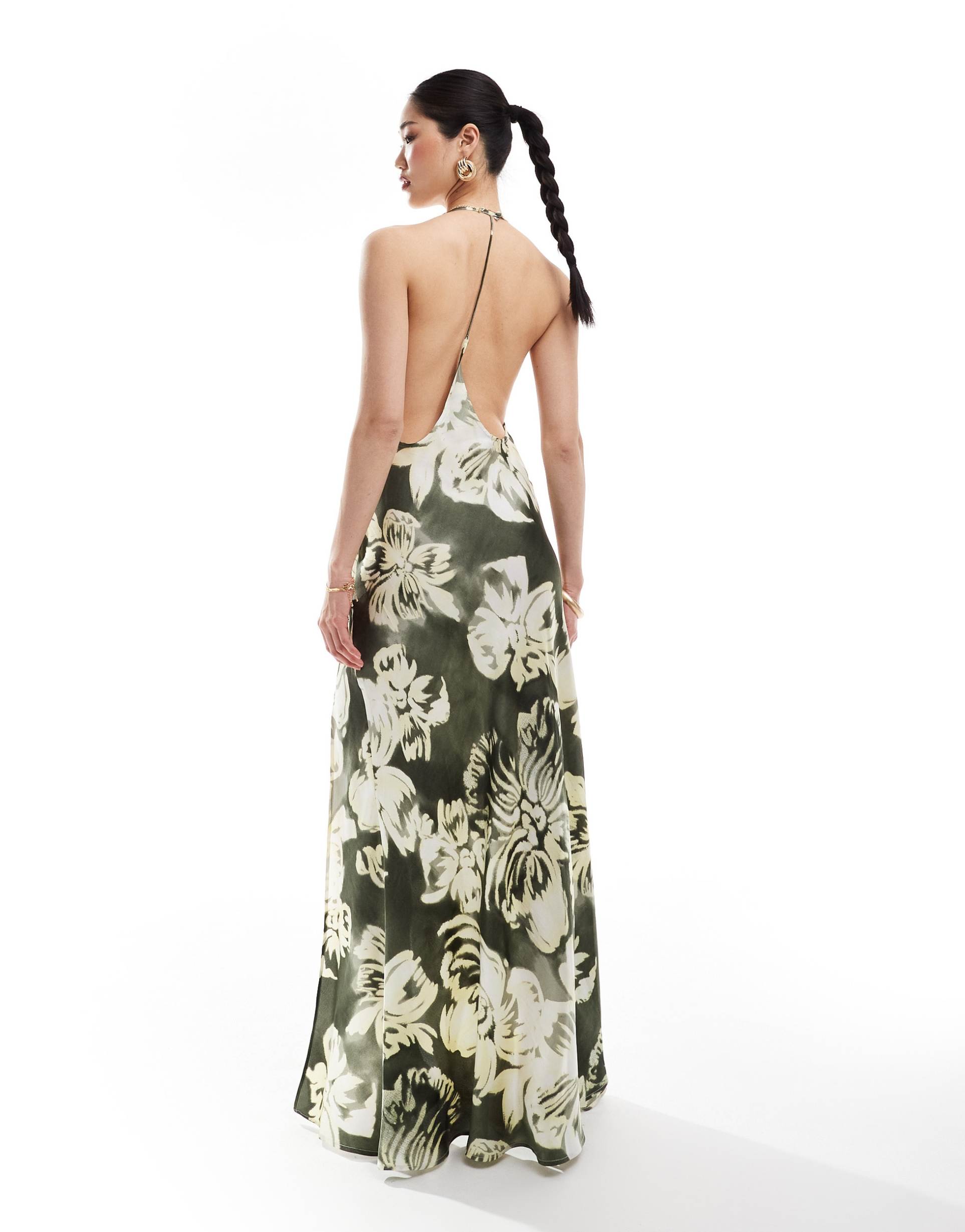 asos design satin plunge front strappy back maxi dress with thigh split in overscale floral