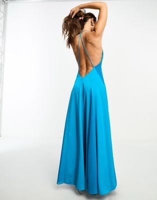 Asos Design Satin Plunge Halter Maxi Dress With Chiffon Insert Detail In Dark Blue