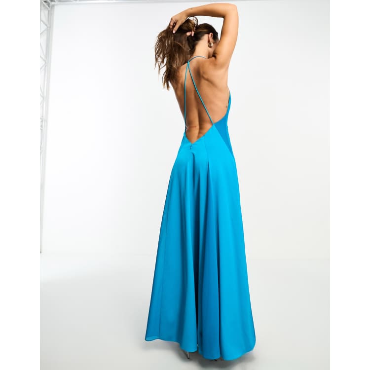 ASOS DESIGN satin twist shoulder drape maxi dress with puddle hem in blue -  ShopStyle