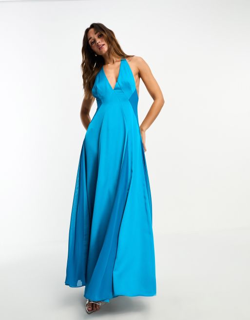 ASOS DESIGN satin twist shoulder drape maxi dress with puddle hem in blue -  ShopStyle