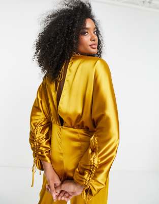 ASOS DESIGN satin plunge kimono sleeve jumpsuit in ochre ASOS