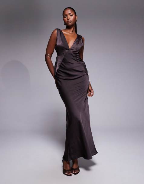 ASOS DESIGN satin plunge maxi dress with knot shoulder and deep cowl back in dark chocolate - view 1