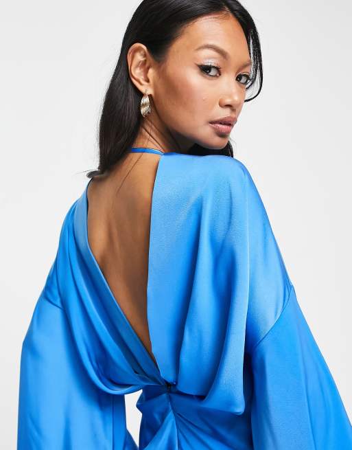 ASOS DESIGN satin plunge midaxi dress with draping detail in blue