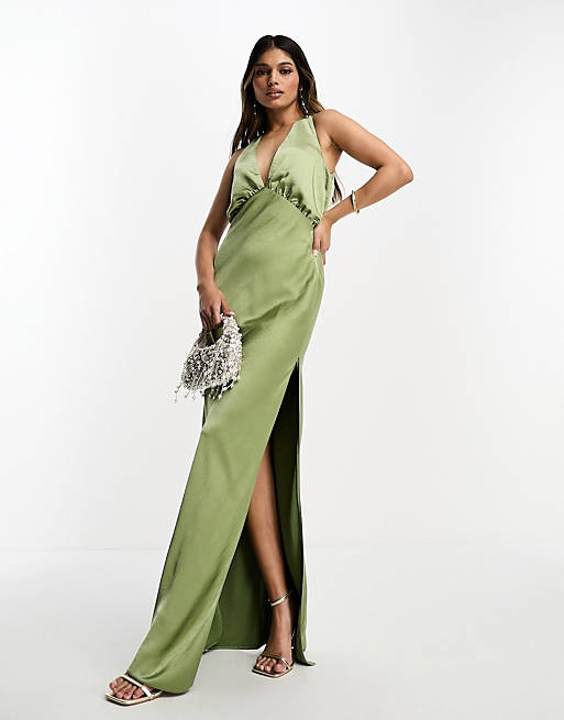 ASOS DESIGN satin plunge slouchy maxi dress in olive green | ASOS