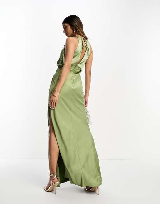 Olive Green Long Dress, Olive Green Tied Back Dress, Olive Green Slit Slip  Dress, Khaki Long Skirt Dress, Silk Maxi Dress, Green Long Dress -   Sweden