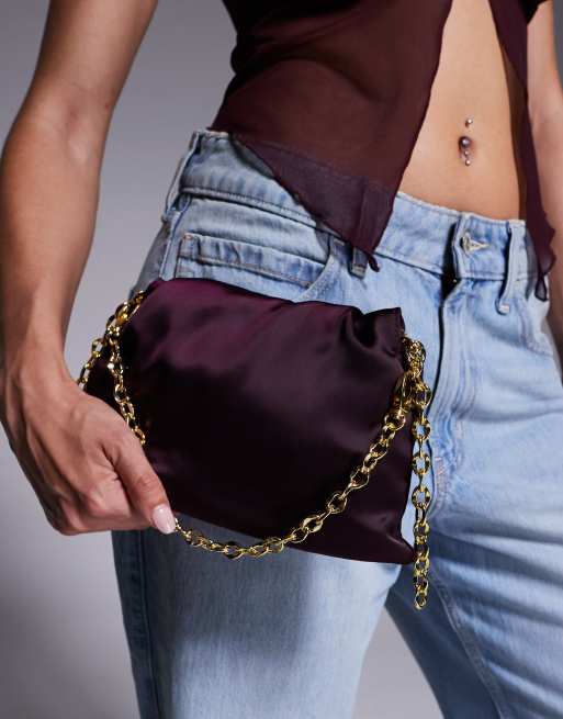 ASOS DESIGN satin pouch clutch bag with chain detail in cherry red