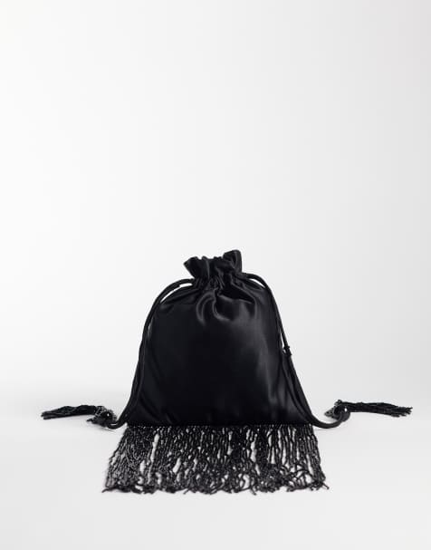 ASOS DESIGN satin pouch with beaded fringe in black - view 1