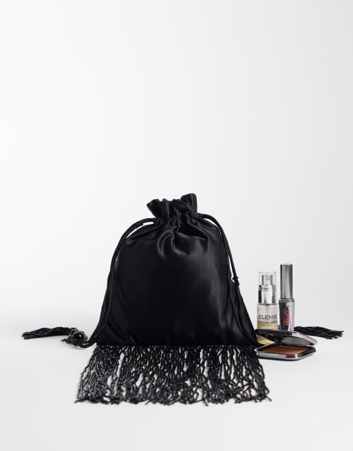 ASOS DESIGN satin pouch with beaded fringe in black, 2 of 4