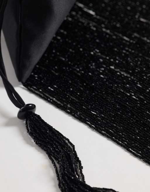 ASOS DESIGN satin pouch with beaded fringe in black, 3 of 4