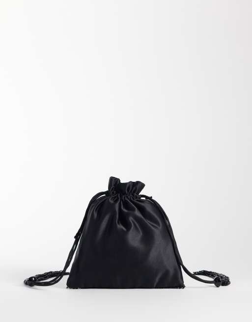 ASOS DESIGN satin pouch with beaded fringe in black, 4 of 4