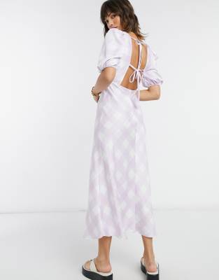 ASOS DESIGN satin puff sleeve open back midi tea dress in soft check