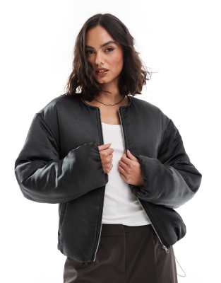 satin puffer collarless bomber jacket in black contrast