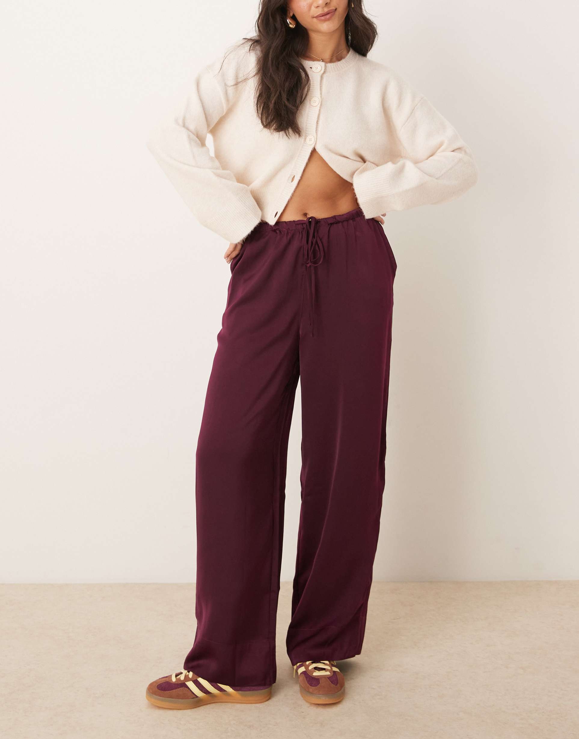 asos design satin pull on pants in plum