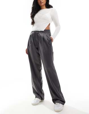 Asos Design Satin Pull On Relaxed Pants In Gray Shimmer