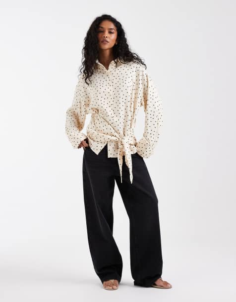 ASOS DESIGN satin pull-on wide leg pants set in buttermilk dot - view 1