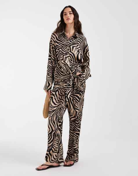 ASOS DESIGN satin pull on wide leg trouser in zebra print co ord - view 1