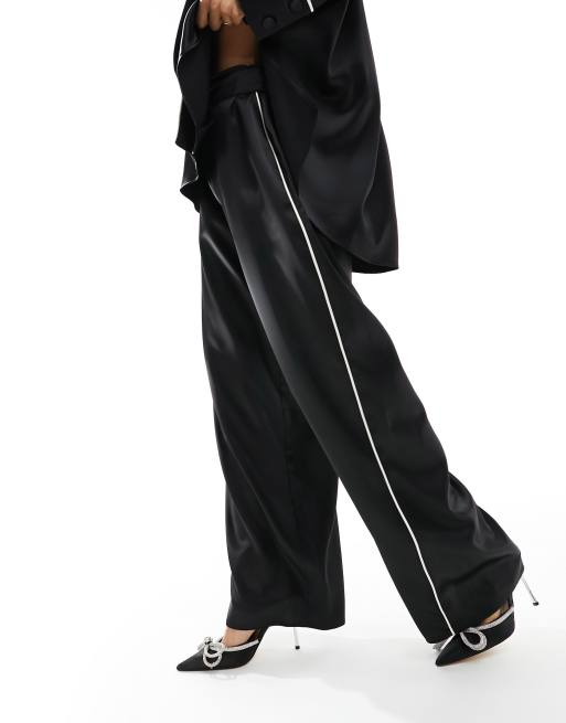 ASOS DESIGN satin pyjama pants with piping detail in black (part of a set)